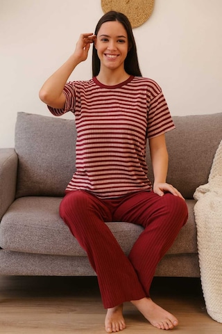 Tenra Kadın Pijama Takımı Kısa Kollu %100 Pamuk Bordo