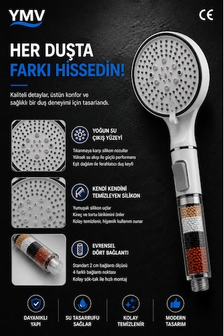 Ymv Mineralli Filtreli 5 Fonksiyonlu Duş Başlığı Start Stop Butonlu Basınç Destekli Banyo El Duşu Beyaz