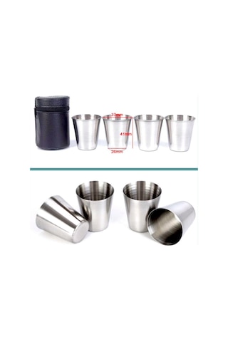 Omeniv Çelik 4 Bardak Shot Set Viski Şarap Votka Kamp Outdoor Gri