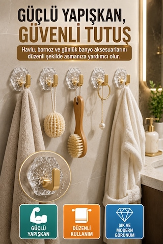 Gold Kendinden Yapışkanlı 5'li Duvar Askısı Banyo Mutfak Havlu Askılığı Buz Desen Dekoratif Seti Altın