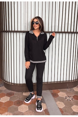 Simala Kadın Uzun Kollu Ribana Ve Fermuar Detay Bluz Ve Yüksel Bel Pantolon 2li Takım Siyah