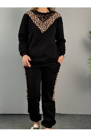 Ge Ticaret Kadın Üç Iplik Kumaş Leopar Desenli Dantel Detaylı Ikili Takım Siyah