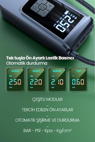 Dijital Ekranlı Şarjlı Araç Hava Kompresörü Ledli Powerbank Lastik Top Yatak Şişirme Pompası 150psi Diğer