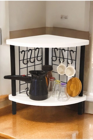 Mutluluk Köşesi Tezgah Üstü Raf Mini Kahve Köşesi Ve Baharatlık 6 Kancalı Organizer Beyaz