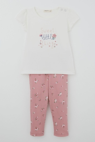 Breeze Kız Çocuk Kısa Kollu Taytlı Takım Çiçek Desenli 1.5-5 Yaş , Ekru