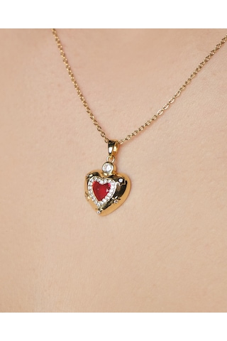 Lekka Design Kadın Kararmaz Çelik Takı Kırmızı Zirkon Taşlı Kalp Aşk Kolye Altın