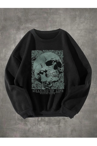 Adrift Grunge Punk Skull & Letter Graphic Sweatshirt Siyah Siyah
