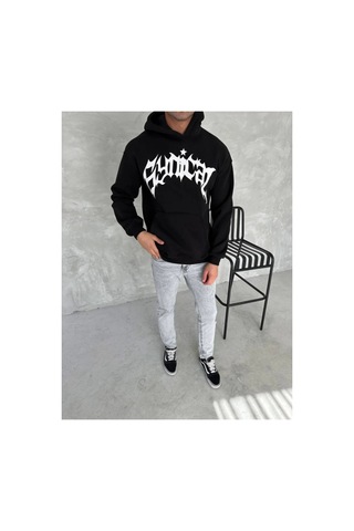Butik İstanbul Unisex Üç İplik Kapşonlu Baskılı Sweatshirt - Siyah