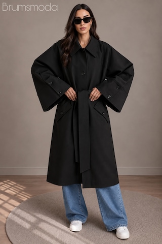 Brums Moda Bayan Siyah Mevsimlik Trençkot