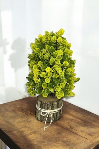 Yapay Çiçek Bonsai Ağacı Sarı Kozalaklı Kütük Saksıda Dekoratif Yapay Ağaç Bonzai 30 15 Cm