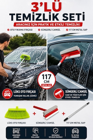 Saplı Lüx Oto Yıkama Fırçası + Süngerli Camsil Seti 2'li Araç Ve Cam Temizlik Seti 1