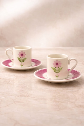 2 Kişilik Porselen Mor Papatya Desenli Kahve Fincan Takımı Seti 90ml Beyaz