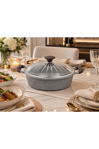 Oms Collection - Biogranit Ağır Döküm 30x8 Cm - 5,30 Litre Basık Tencere 3632 - Gri