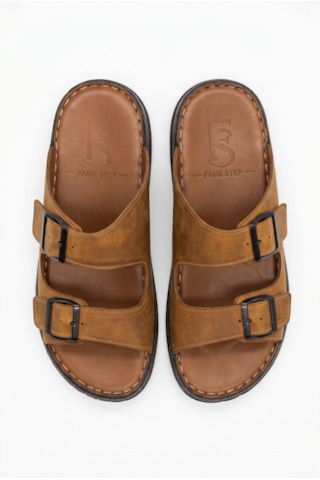 Fame Step Hakiki Deri Unisex Ortopedik Yumuşak Taban Comfort Yazlık Günlük Terlik Çift Terliği Tokalı Taba
