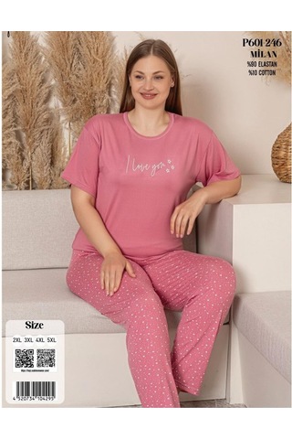 Charme Kadın Büyük Beden Bisiklet Yaka Milan Likralı Kısa Kol Pijama Takımı K601/246 - 1 Adet Pembe