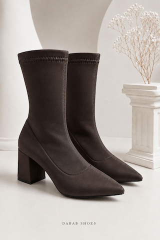 Dabab Shoes Rachel Kadın Acı Kahve Sivri Burun Dalgıç Streç 7 Cm Kalın Topuklu Çorap Bot Bootie Kahverengi