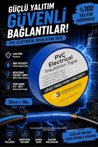 Mavi Profesyonel Pvc Elektrik Bandı 18mm X 10m Güçlü Yapışkanlı, 600v Dayanımlı, Esnek İzolasyon B