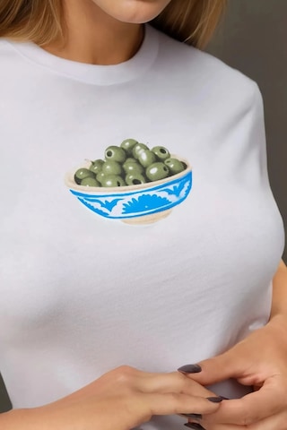 Hiccup Kadın Bisiklet Yaka Kısa Kollu Önü Baskılı Pamuklu T-shirt Tozlu Beyaz