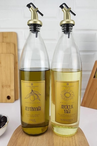 Lombardino Vetro 2'li Zeytinyağı Ve Sıvıyağ Şişesi Gold Etiketli Yağdanlık 1000 Ml Sh-0024