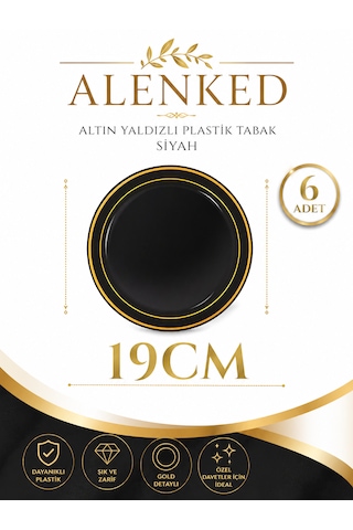 Porselen Görünümlü Altın Yaldızlı Plastik Tabak Siyah 19 Cm 6'lı