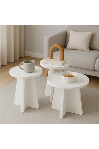 3 Lü Orta Sehpa Seti, 40 Cm, 32 Cm, 28 Cm Çaplı, Yükseklik 43 Cm, 39 Cm, 35 Cm İskandinav Beyaz