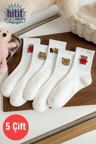 Hitit Socks Kadın 5 Çift Premium Kalite Beyaz Renkli Ayıcık Ve Kalp Desenli Kısa Soket Çorap Çok Renkli