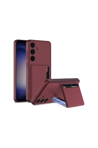 Galaxy Uyumlu S24 Plus Suni Deri Arka Yüzey Sürgülü Kamera Korumalı Kartlıklı Kıpta Silikon Kapak