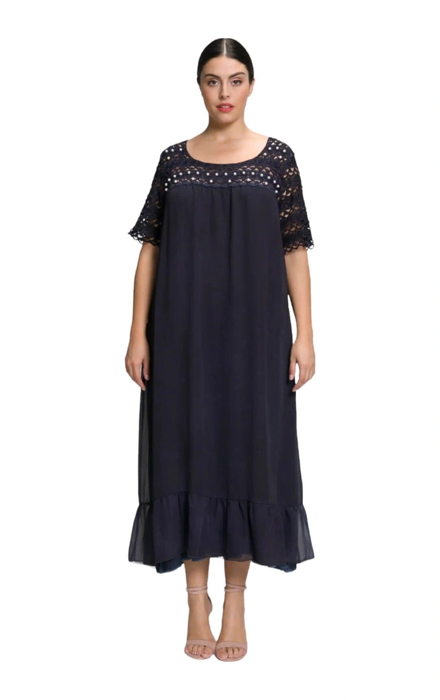 Mamayaga Kadın Güpür Dantel Ve Inci Detaylı Şık Büyük Beden Viskon Şifon Elbise Lacivert