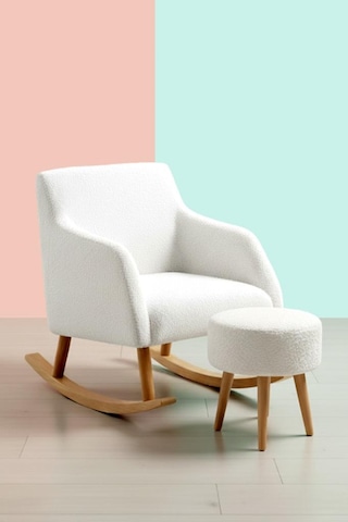 Loop Sallanan Sandalye Ve Puf Seti Ekru Teddy Kumaş Ahşap Ayaklı Berjer - Sallanan Koltuk Puf Beyaz