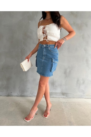 Zeo Basic Kargo Cep Detaylı Mini Denim Etek Mavi