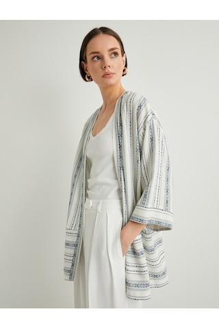 Koton Kimono Geniş Yarım Kollu Cepli Keten Karışımlı Mavi Çizgili 4sak50011pw Mavi Çizgili