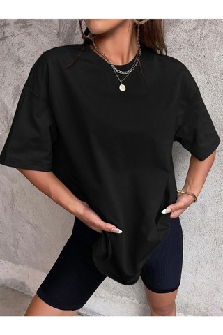 Düz Basic T-shirt - Siyah Oversize Bisiklet Yaka Kısa Kol SIYAH