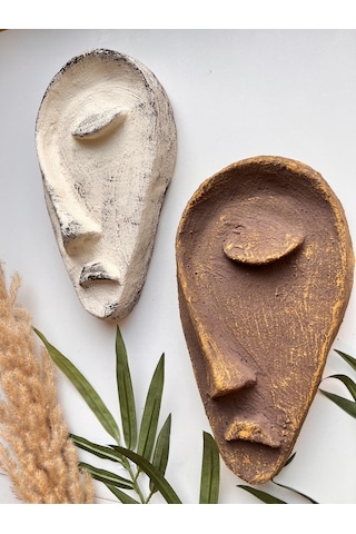 Özel Tasarım El Yapımı Heykel Soyut Yarım Yüz Maske 2'li Set, Duvar Dekor, Modern Ev Ve Ofis Dekoru