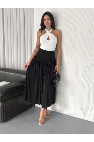 Wear Vexel Sandy Uzun Beli Lastikli Yüksel Bel Etek Yazlık - Siyah Çok Renkli