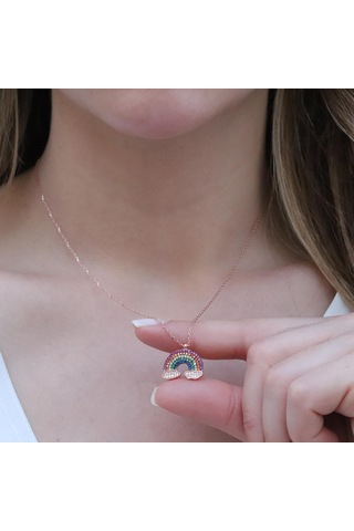 Renkli Zirkon Taşlı Gökkuşağı Rose Gold Kaplama Gümüş Kolye Gümüş