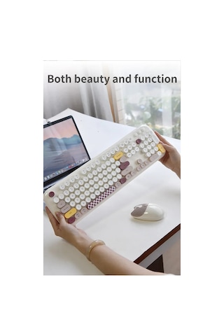 Geezer Zero Kablosuz Klavye Mouse Seti 2.4g Retro Daktilo Yuvarlak Tuşlu 104 Tuş Renkli Set Optik