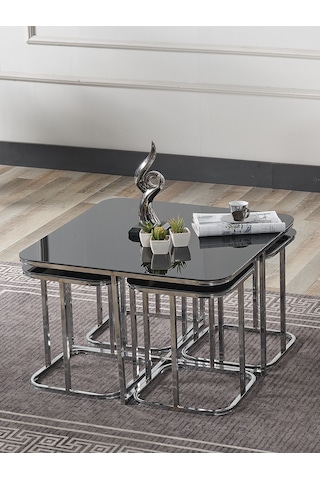 Pelikan 4+1 Siyah Aynalı Temperli Cam Gümüş Metal Ayak Takım Sehpa Sedaş Living Units Sehpa