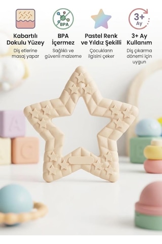 Yıldız Şekilli Esnek Bpa İçermeyen Kabartılı Pastel Renkli Oyuncak Bebek Diş Kaşıyıcısı Krem