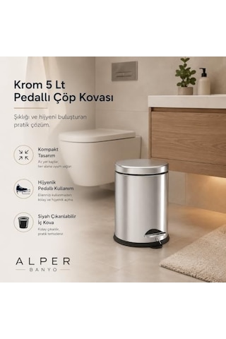 Krom Pedallı Çöp Kovası, Banyo İçin Pratik 5 Lt Kapasite 6998