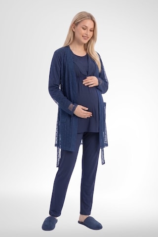 Mecit Pijama Mecit 6406 Lacivert Dantel Sabahlıklı Lohusa Pijama Takımı