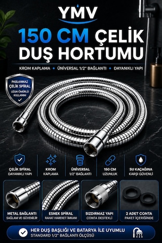 Ymv 150 Cm Çelik Spiral Duş Hortumu Krom Kaplama Universal 1/2 Bağlantılı Banyo Duşluk Hortumu
