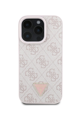 Apple Uyumlu iPhone 16 Pro Max Kılıf Guess Lisanslı Pu Deri Taşlı Üçgen Logo 4g Desenli Strass Kapak Pembe