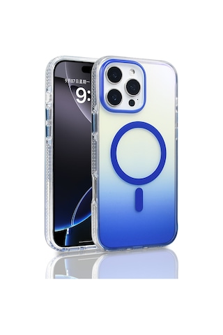 Apple Uyumlu iPhone 16 Pro Max Kılıf M-safe Şarj Özellikli Transparan Renk Geçişli Zore Toros Kapak Mavi