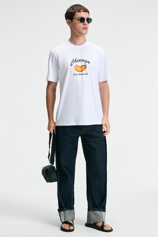 Grımelange CRISP Erkek Oversize %100 Pamuk Baskılı Yuvarlak Yaka Beyaz T-Shirt