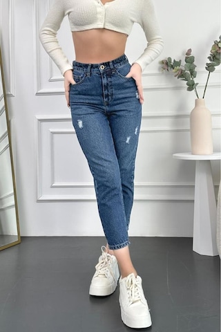Mavi Yıpratmalı Kadın Boyfriend Jean Yüksek Bel Kot Pantolon Mabel Model 001