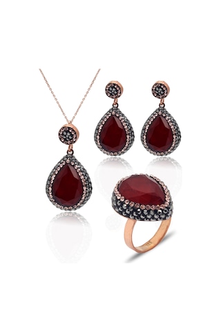 Yakut Ve Swarovski Taşlı 925 Ayar Gümüş Kadın Üçlü Set 201025576