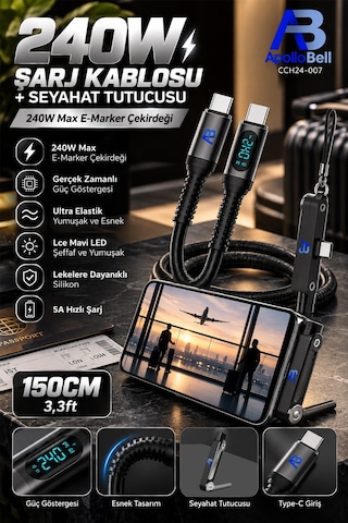 Apollobell Cch24-007 240w Şarj Kablosu + Seyahat Tutucusu