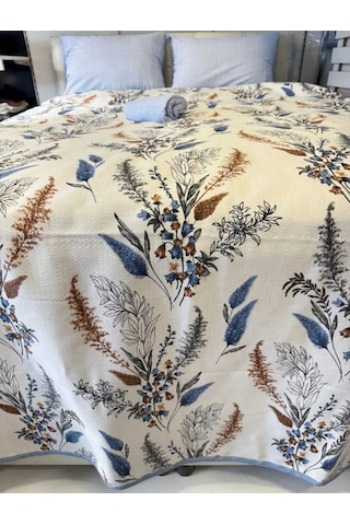 Mavi Detaylı Çiçek Desenli Tek Kişilik Pike 160x240 Cm Ferahlatıcı Tasarım, Hafif Konfor Renkli