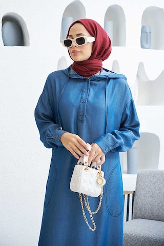 Neways 6643 Kapüşonlu Tesettür Elbise Koyu Mavi