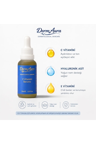 Dermaura C Vitamini Yüz Serumu 30ml Aydınlatıcı Leke Karşıtı Ve Nemlendirici Cilt Bakım Serumu